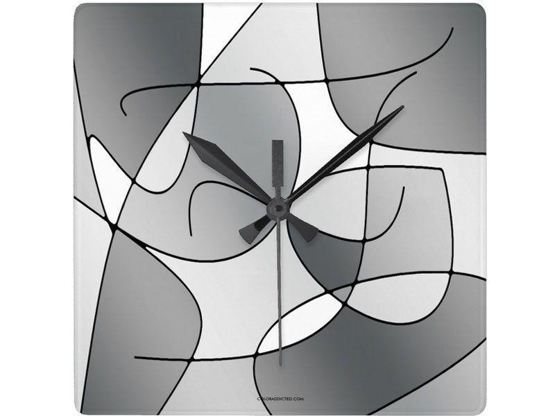 Wall Clocks-ABSTRACT CURVES #1 Square Wall Clocks-Grays &amp; White-from COLORADDICTED.COM-