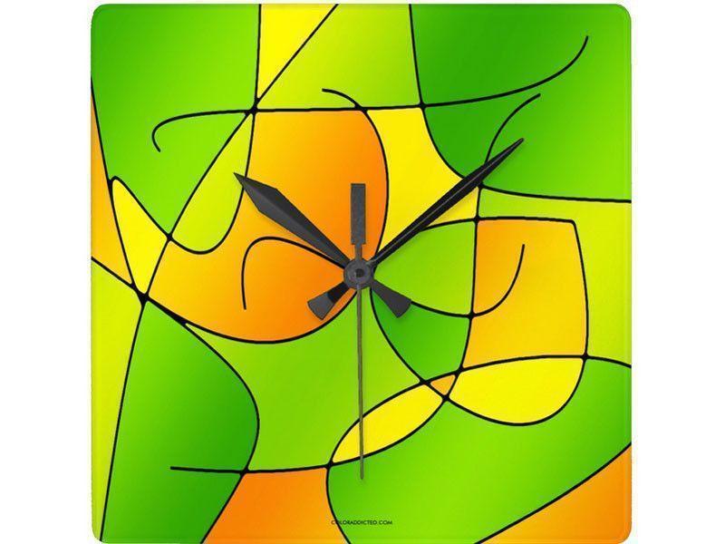 Wall Clocks-ABSTRACT CURVES #1 Square Wall Clocks-Greens, Oranges &amp; Yellows-from COLORADDICTED.COM-