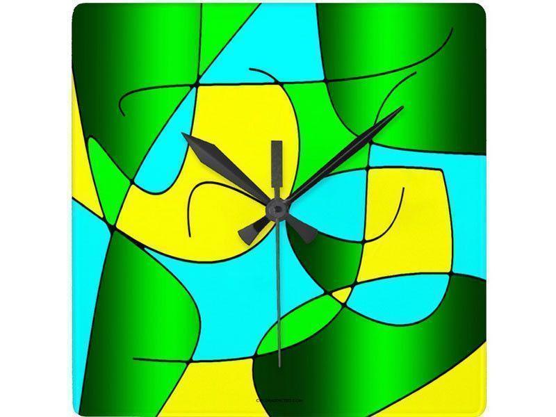Wall Clocks-ABSTRACT CURVES #1 Square Wall Clocks-Greens, Yellows &amp; Light Blues-from COLORADDICTED.COM-