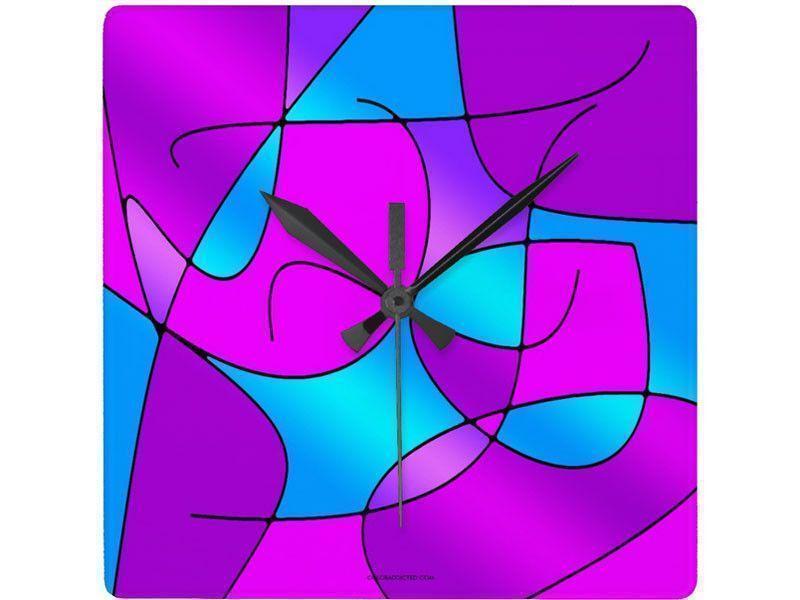 Wall Clocks-ABSTRACT CURVES #1 Square Wall Clocks-Purples, Fuchsias, Magentas &amp; Turquoises-from COLORADDICTED.COM-