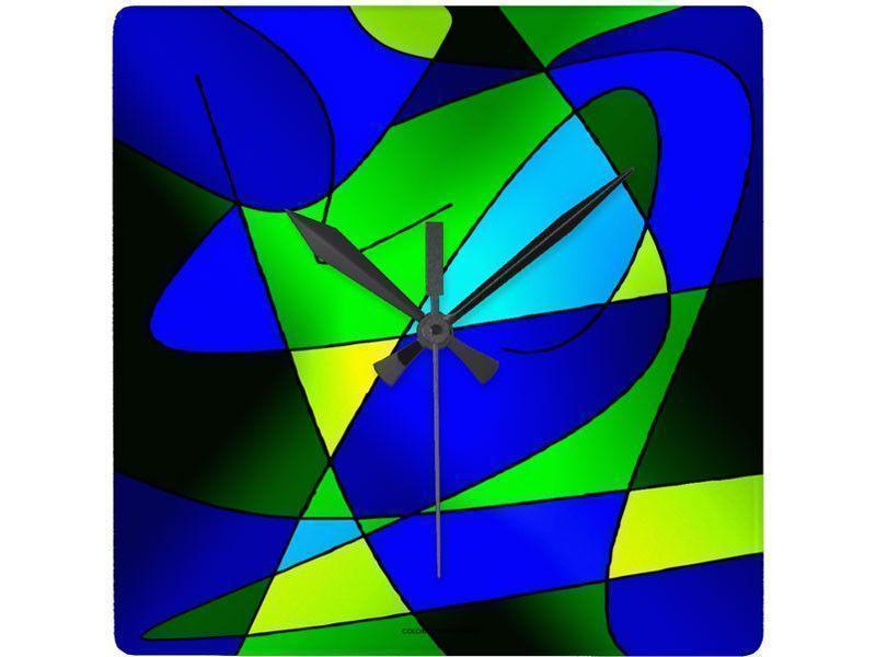 Wall Clocks-ABSTRACT CURVES #2 Square Wall Clocks-Blues &amp; Greens-from COLORADDICTED.COM-