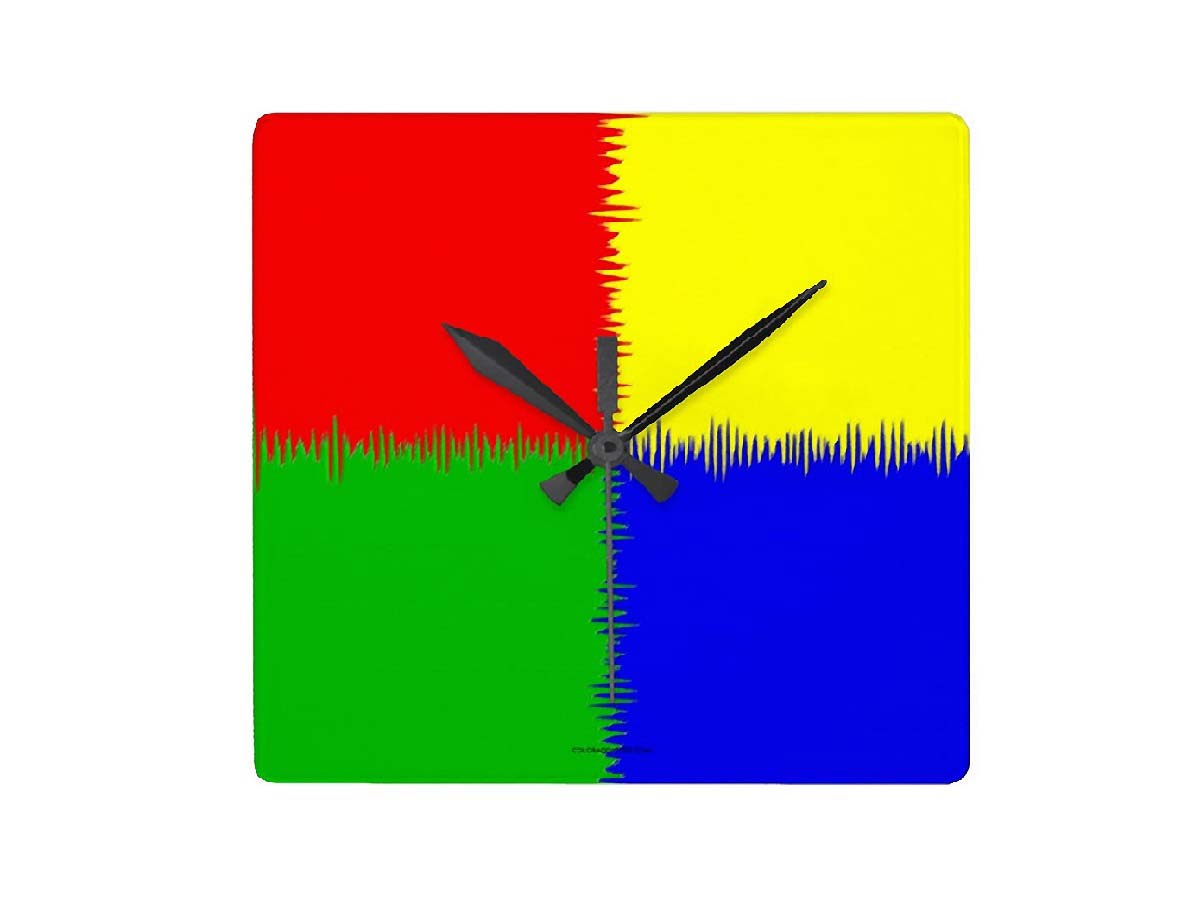 8-Quarters_Square_Wall_Clocks_Red_Blue_Green_Yellow_front_COLORADDICTED.COM