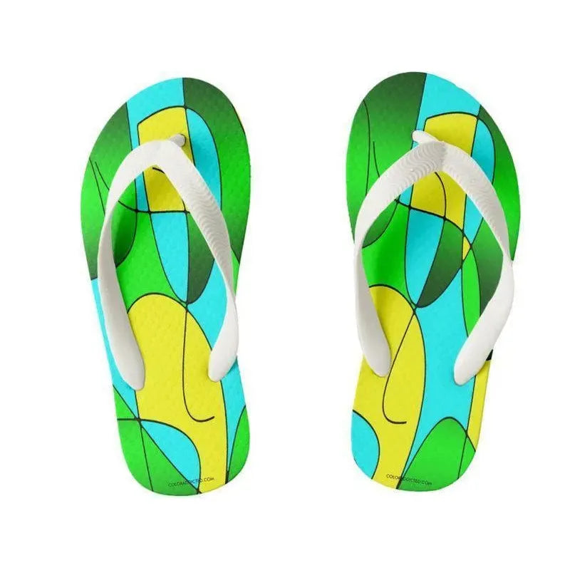 Kids Flip Flops-ABSTRACT CURVES #1 Kids Flip Flops-Greens &amp; Yellows &amp; Light Blues-from COLORADDICTED.COM-