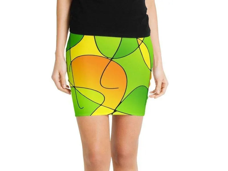 Mini Pencil Skirts-ABSTRACT CURVES #1 Mini Pencil Skirts-Greens & Oranges & Yellows-from COLORADDICTED.COM-