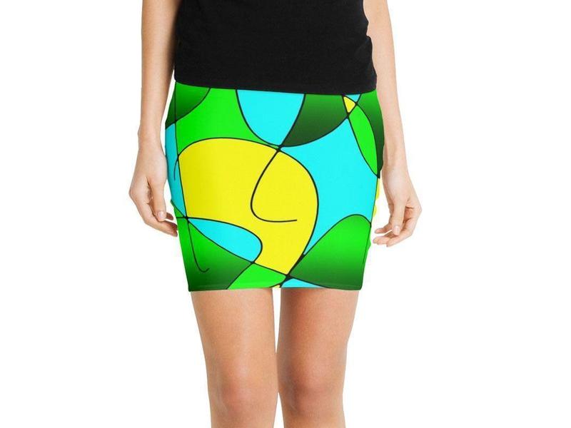 Mini Pencil Skirts-ABSTRACT CURVES #1 Mini Pencil Skirts-Greens &amp; Yellows &amp; Light Blues-from COLORADDICTED.COM-