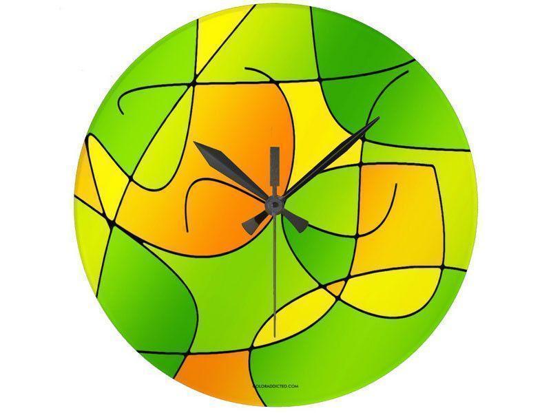 Wall Clocks-ABSTRACT CURVES #1 Round Wall Clocks-Greens, Oranges &amp; Yellows-from COLORADDICTED.COM-