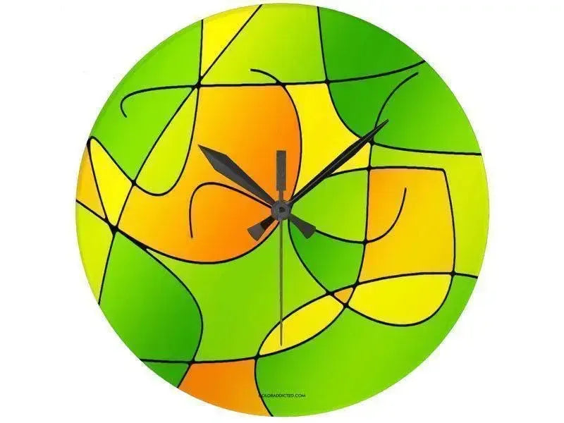 Wall Clocks-ABSTRACT CURVES #1 Round Wall Clocks-Greens, Oranges & Yellows-from COLORADDICTED.COM-