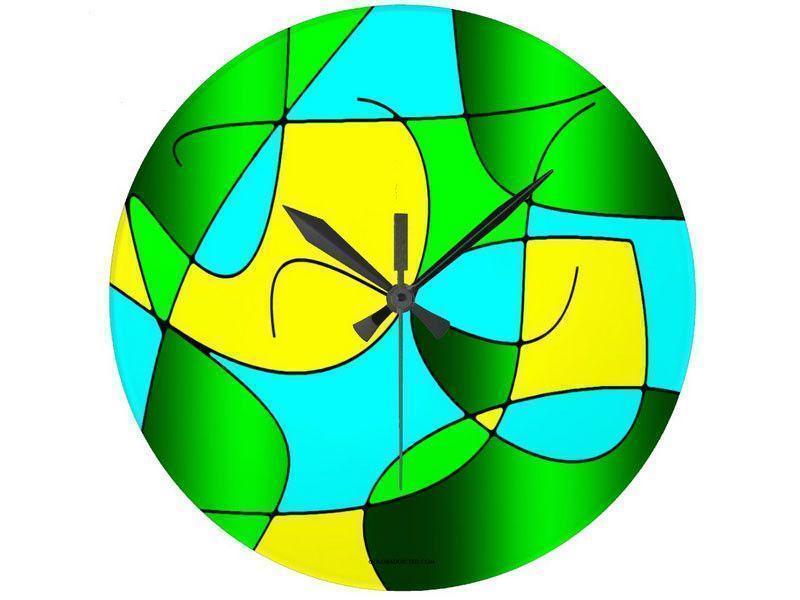Wall Clocks-ABSTRACT CURVES #1 Round Wall Clocks-Greens, Yellows &amp; Light Blues-from COLORADDICTED.COM-