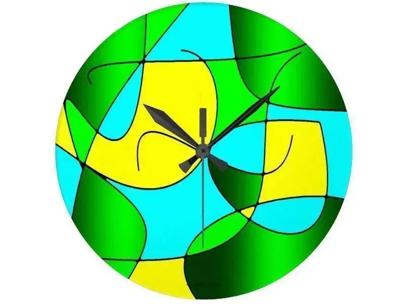 Wall Clocks-ABSTRACT CURVES #1 Round Wall Clocks-Greens, Yellows & Light Blues-from COLORADDICTED.COM-