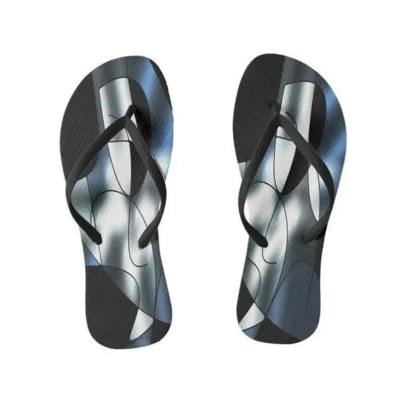 Flip Flops-ABSTRACT CURVES #1 Slim-Strap Flip Flops-Black & Grays & White-from COLORADDICTED.COM-