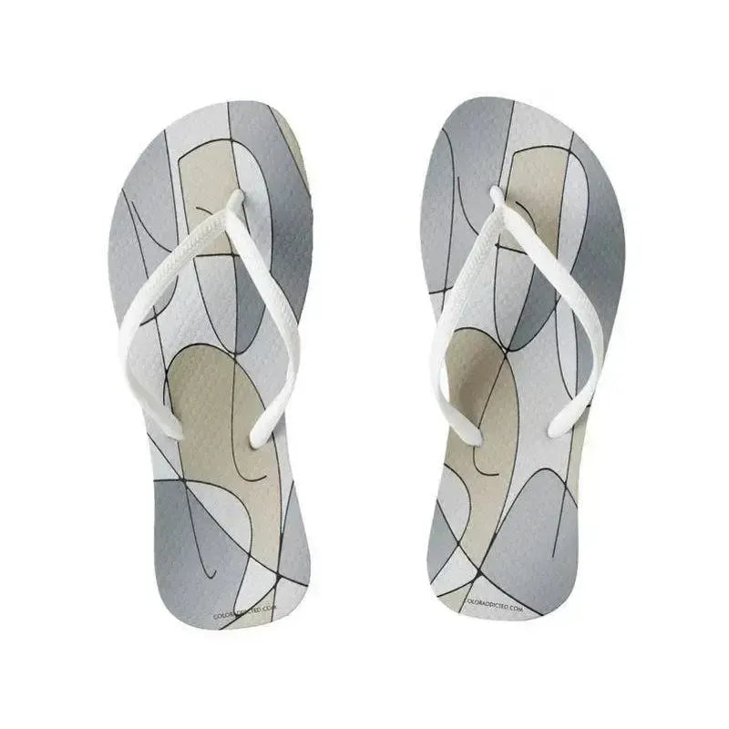 Flip Flops-ABSTRACT CURVES #1 Slim-Strap Flip Flops-Grays & Beiges-from COLORADDICTED.COM-