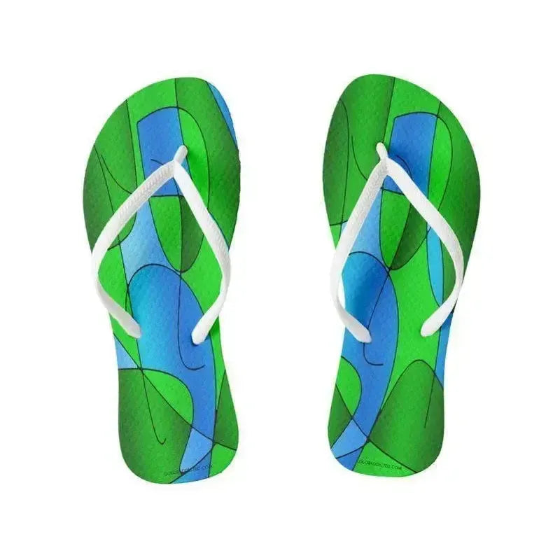 Flip Flops-ABSTRACT CURVES #1 Slim-Strap Flip Flops-Greens & Light Blues-from COLORADDICTED.COM-