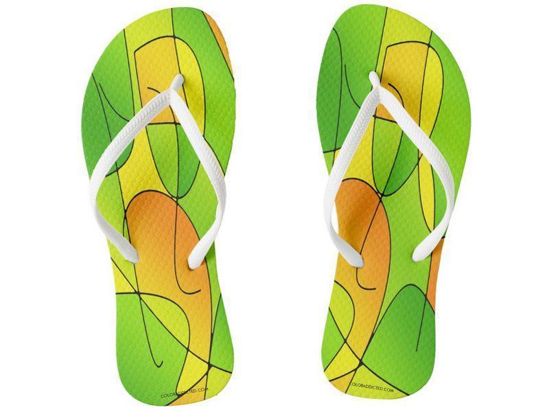 Flip Flops-ABSTRACT CURVES #1 Slim-Strap Flip Flops-Greens &amp; Oranges &amp; Yellows-from COLORADDICTED.COM-