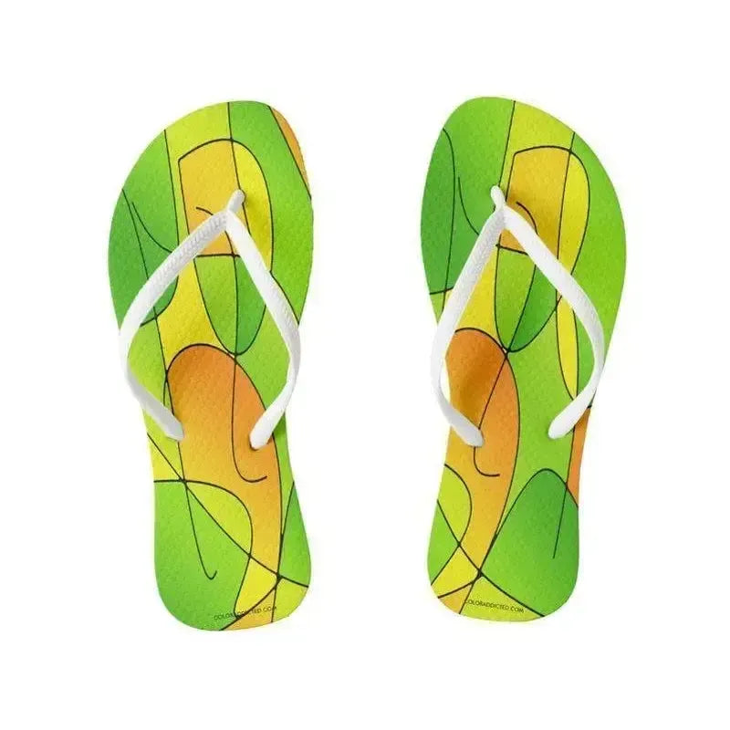 Flip Flops-ABSTRACT CURVES #1 Slim-Strap Flip Flops-Greens & Oranges & Yellows-from COLORADDICTED.COM-