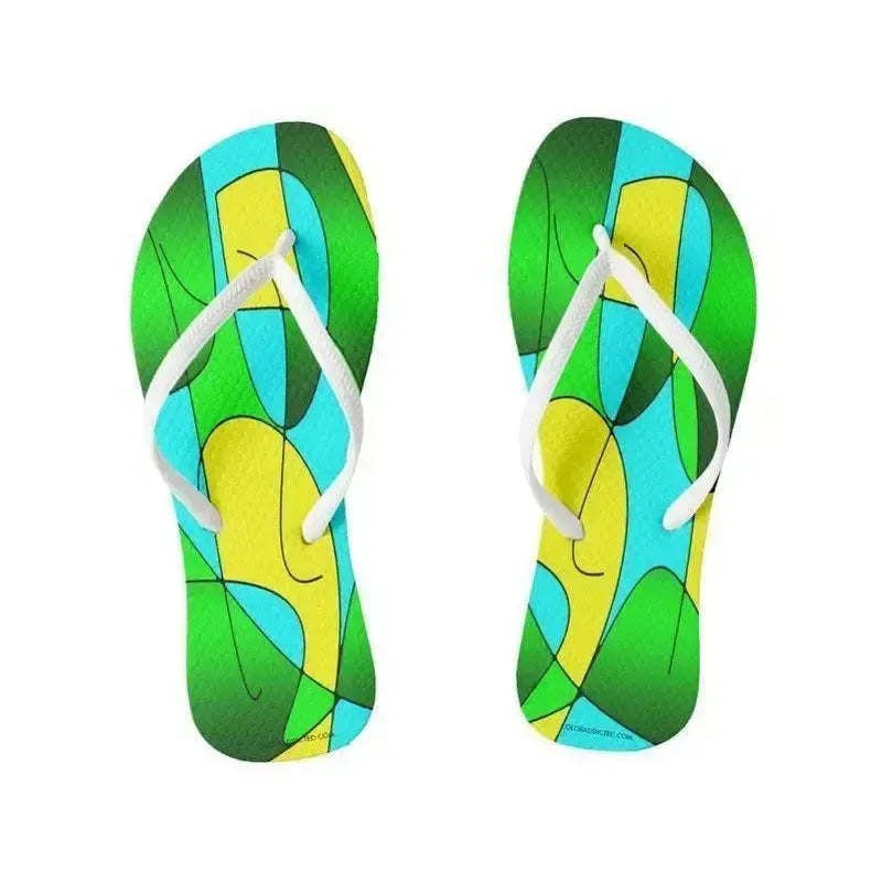 Flip Flops-ABSTRACT CURVES #1 Slim-Strap Flip Flops-Greens & Yellows & Light Blues-from COLORADDICTED.COM-