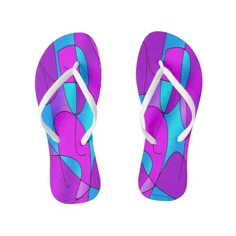 Flip Flops-ABSTRACT CURVES #1 Slim-Strap Flip Flops-Purples & Fuchsias & Magentas & Turquoises-from COLORADDICTED.COM-