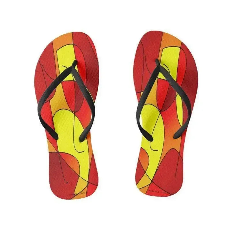 Flip Flops-ABSTRACT CURVES #1 Slim-Strap Flip Flops-Reds & Oranges & Yellows-from COLORADDICTED.COM-