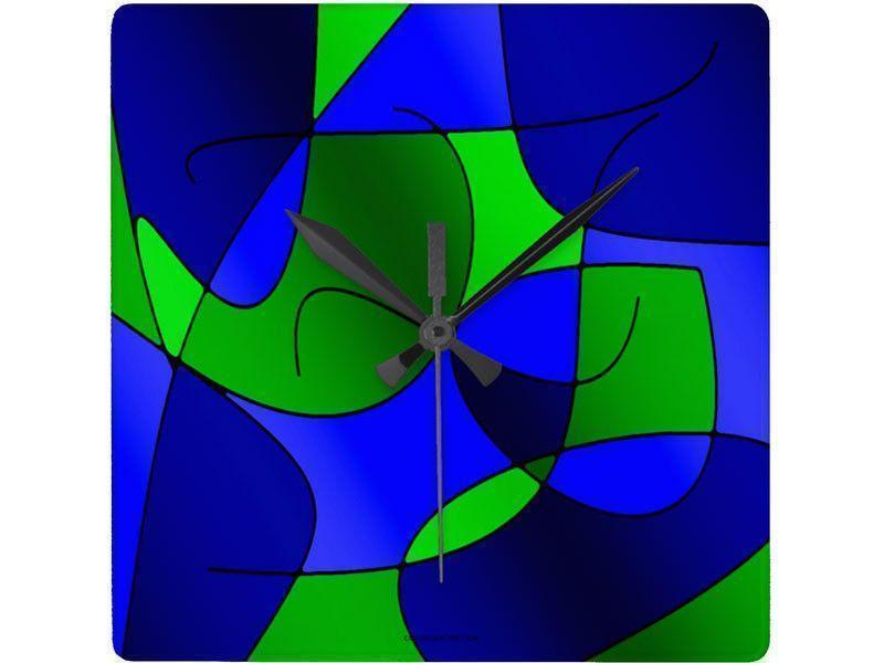 Wall Clocks-ABSTRACT CURVES #1 Square Wall Clocks-Blues &amp; Greens-from COLORADDICTED.COM-