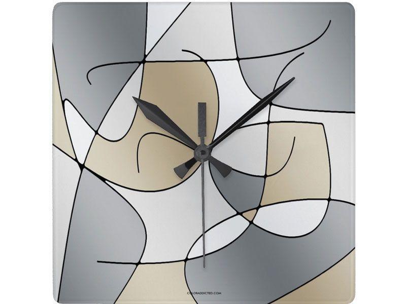 Wall Clocks-ABSTRACT CURVES #1 Square Wall Clocks-Grays &amp; Beiges-from COLORADDICTED.COM-