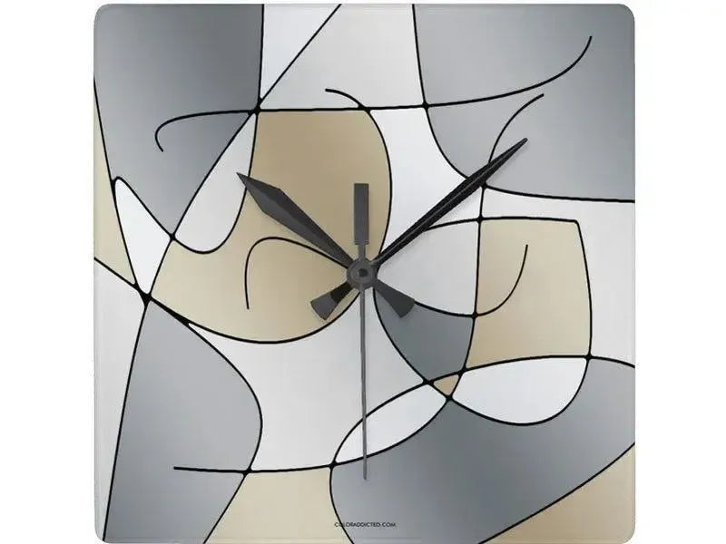 Wall Clocks-ABSTRACT CURVES #1 Square Wall Clocks-Grays & Beiges-from COLORADDICTED.COM-