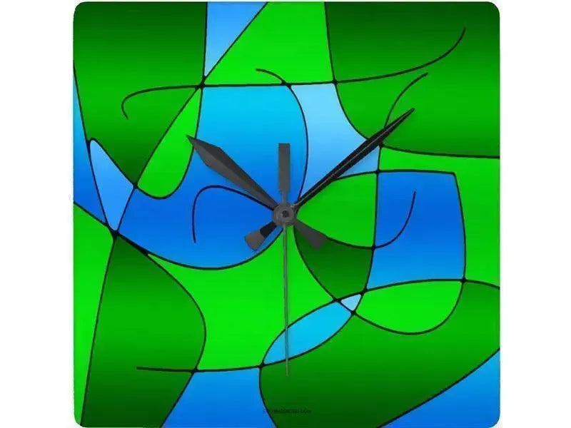 Wall Clocks-ABSTRACT CURVES #1 Square Wall Clocks-Greens & Light Blues-from COLORADDICTED.COM-