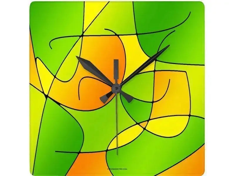 Wall Clocks-ABSTRACT CURVES #1 Square Wall Clocks-Greens, Oranges & Yellows-from COLORADDICTED.COM-