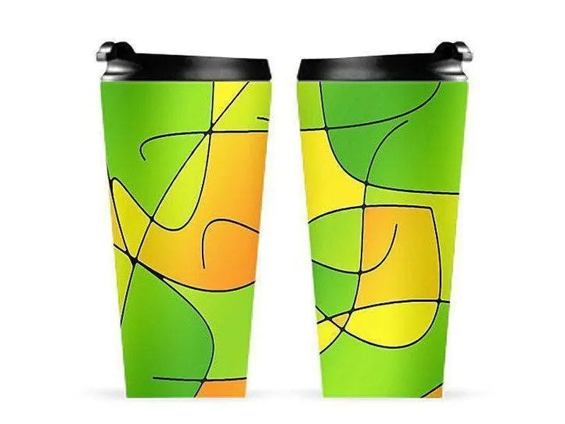 Travel Mugs-ABSTRACT CURVES #1 Travel Mugs-Greens & Oranges & Yellows-from COLORADDICTED.COM-