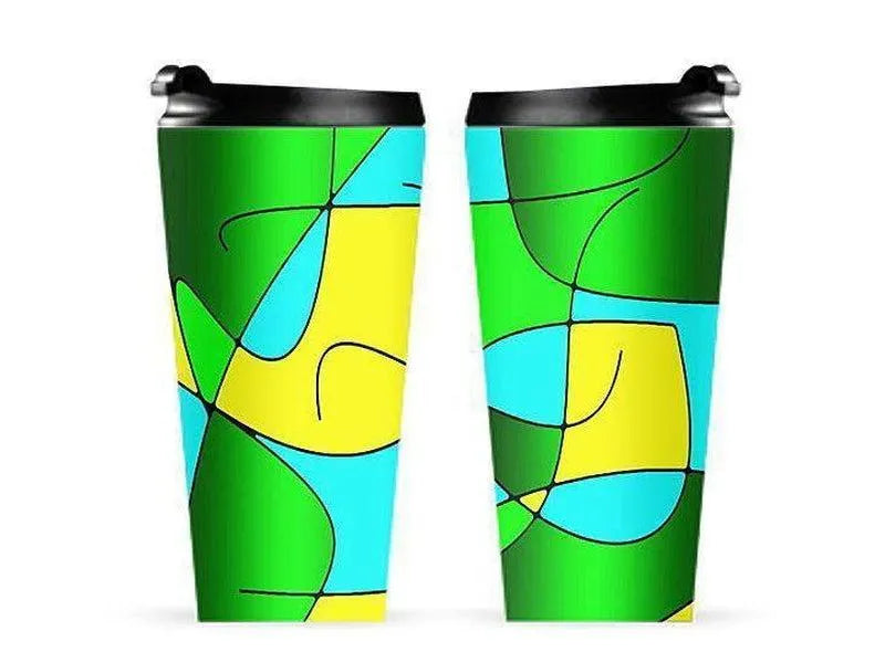 Travel Mugs-ABSTRACT CURVES #1 Travel Mugs-Greens & Yellows & Light Blues-from COLORADDICTED.COM-
