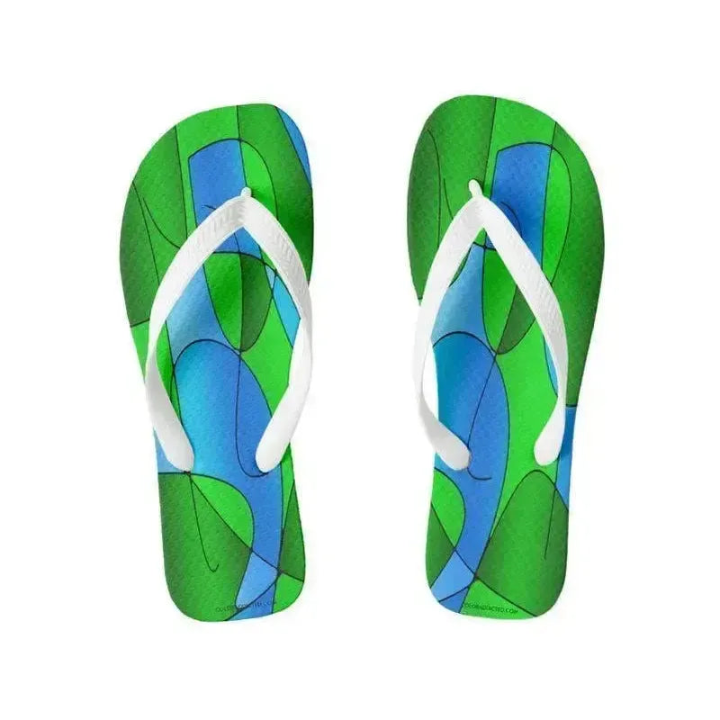Flip Flops-ABSTRACT CURVES #1 Wide-Strap Flip Flops-Greens & Light Blues-from COLORADDICTED.COM-