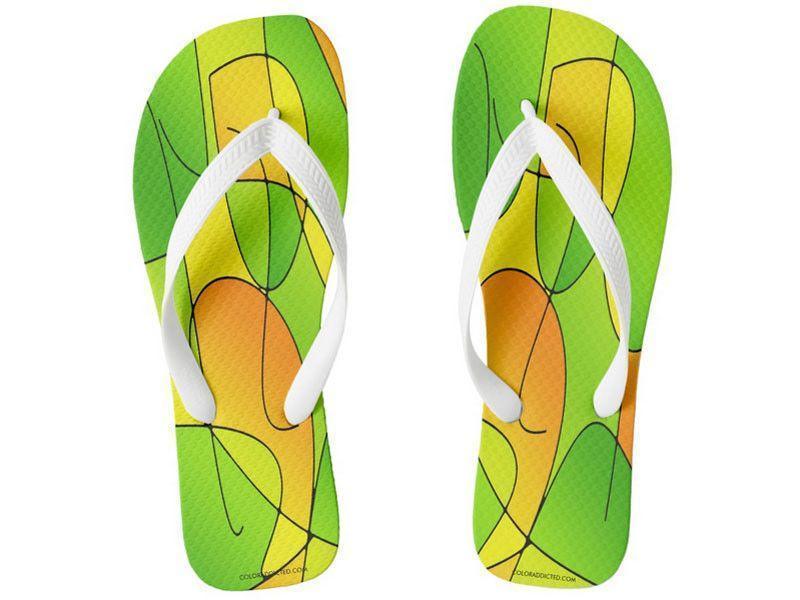 Flip Flops-ABSTRACT CURVES #1 Wide-Strap Flip Flops-Greens &amp; Oranges &amp; Yellows-from COLORADDICTED.COM-