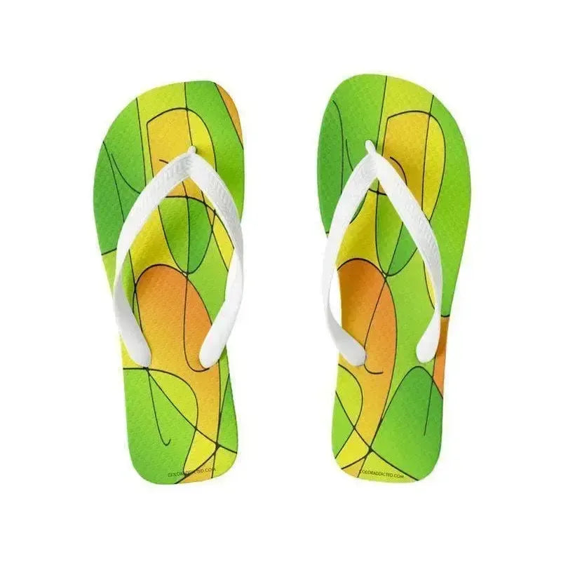 Flip Flops-ABSTRACT CURVES #1 Wide-Strap Flip Flops-Greens & Oranges & Yellows-from COLORADDICTED.COM-