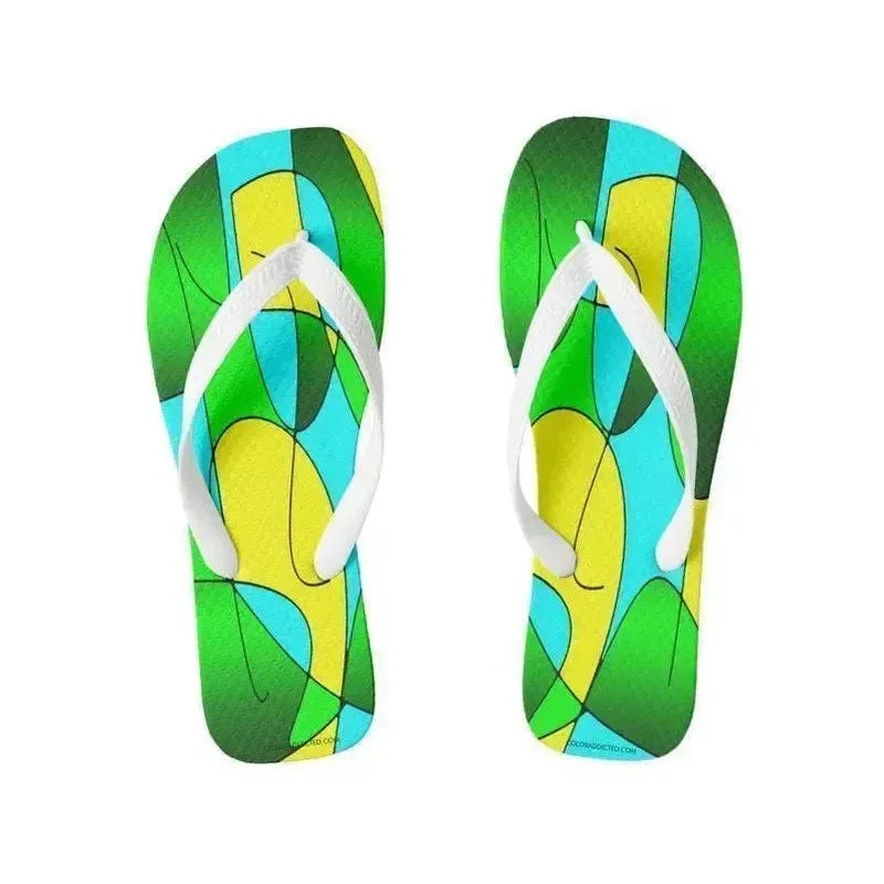 Flip Flops-ABSTRACT CURVES #1 Wide-Strap Flip Flops-Greens & Yellows & Light Blues-from COLORADDICTED.COM-
