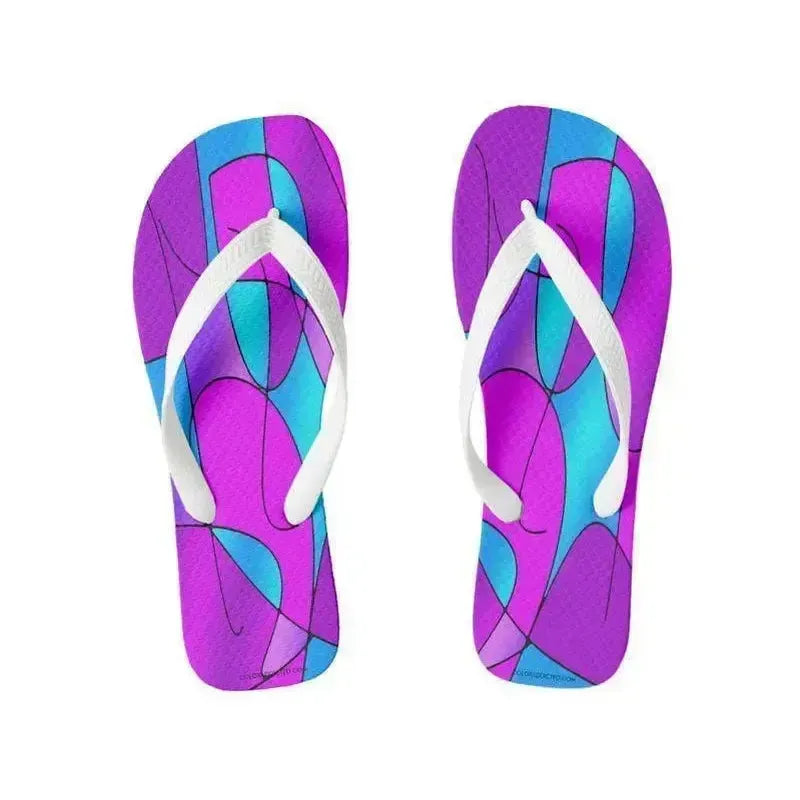 Flip Flops-ABSTRACT CURVES #1 Wide-Strap Flip Flops-Purples & Fuchsias & Magentas & Turquoises-from COLORADDICTED.COM-