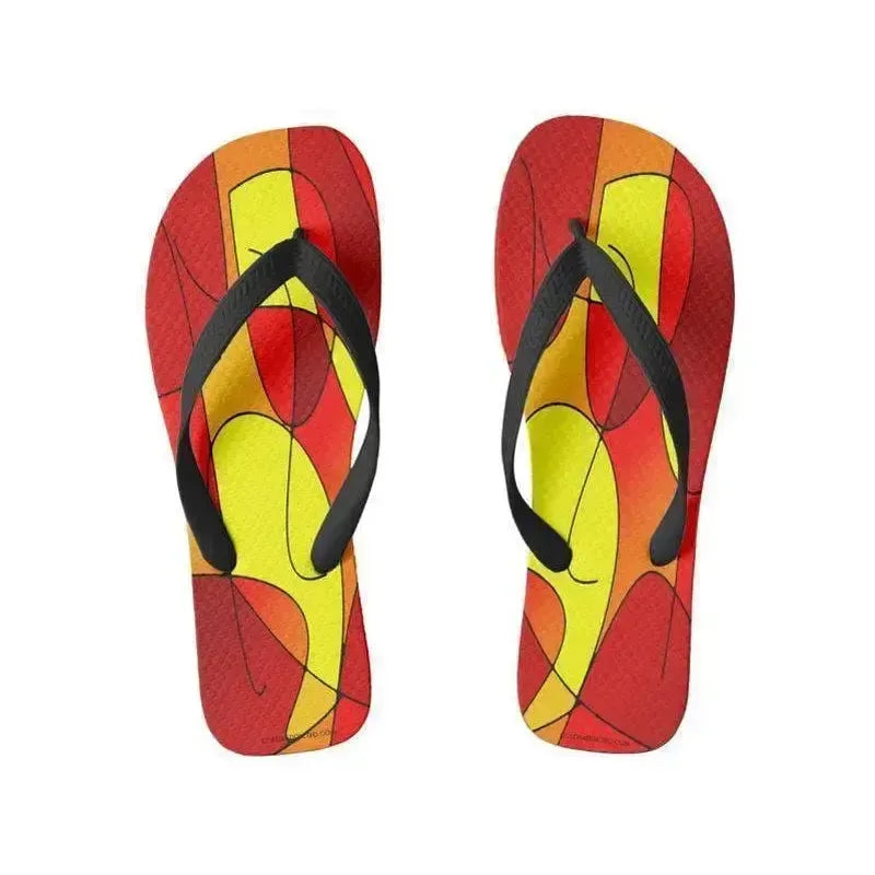 Flip Flops-ABSTRACT CURVES #1 Wide-Strap Flip Flops-Reds & Oranges & Yellows-from COLORADDICTED.COM-