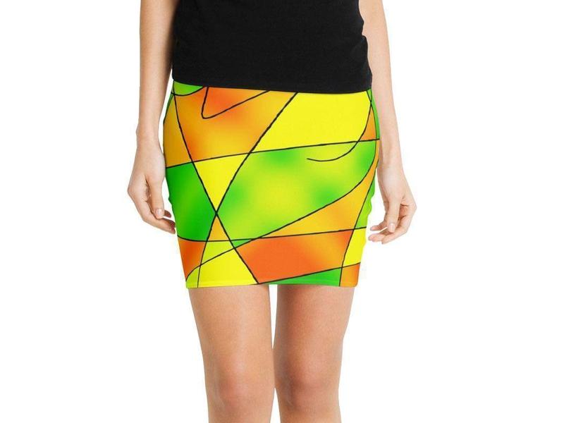 Mini Pencil Skirts-ABSTRACT CURVES #2 Mini Pencil Skirts-Greens &amp; Oranges &amp; Yellows-from COLORADDICTED.COM-