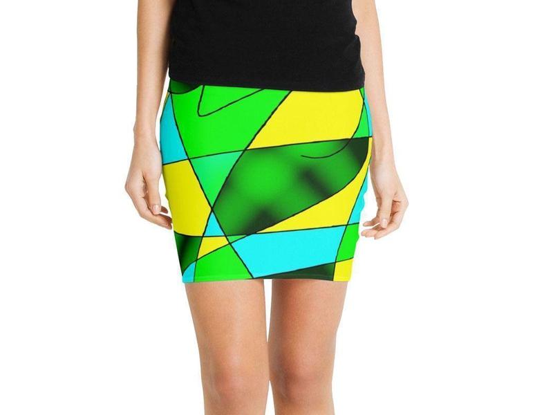 Mini Pencil Skirts-ABSTRACT CURVES #2 Mini Pencil Skirts-Greens &amp; Yellows &amp; Light Blues-from COLORADDICTED.COM-