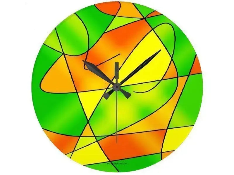 Wall Clocks-ABSTRACT CURVES #2 Round Wall Clocks-Greens, Oranges & Yellows-from COLORADDICTED.COM-