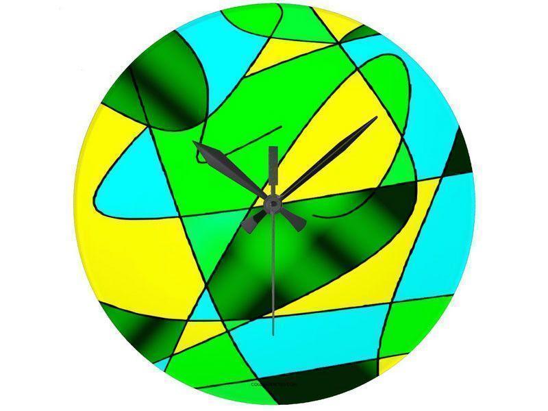 Wall Clocks-ABSTRACT CURVES #2 Round Wall Clocks-Greens, Yellows &amp; Light Blues-from COLORADDICTED.COM-