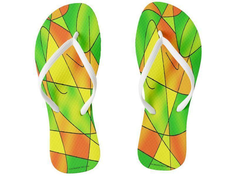 Flip Flops-ABSTRACT CURVES #2 Slim-Strap Flip Flops-Greens &amp; Oranges &amp; Yellows-from COLORADDICTED.COM-