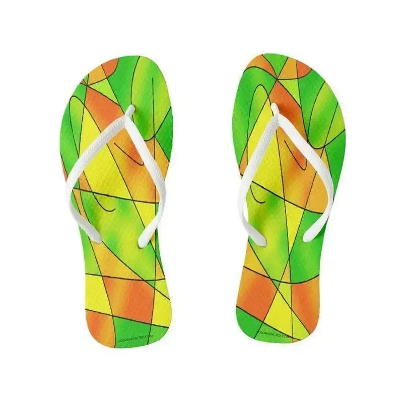 Flip Flops-ABSTRACT CURVES #2 Slim-Strap Flip Flops-Greens & Oranges & Yellows-from COLORADDICTED.COM-