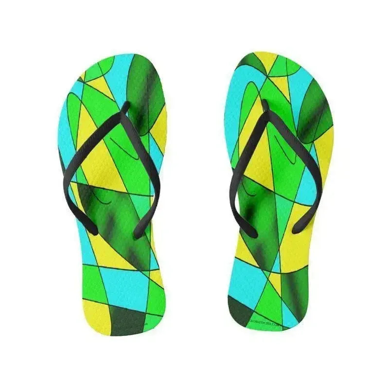 Flip Flops-ABSTRACT CURVES #2 Slim-Strap Flip Flops-Greens & Yellows & Light Blues-from COLORADDICTED.COM-
