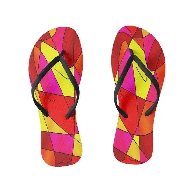Flip Flops-ABSTRACT CURVES #2 Slim-Strap Flip Flops-Reds & Oranges & Yellows & Fuchsias-from COLORADDICTED.COM-