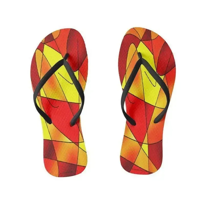Flip Flops-ABSTRACT CURVES #2 Slim-Strap Flip Flops-Reds & Oranges & Yellows-from COLORADDICTED.COM-