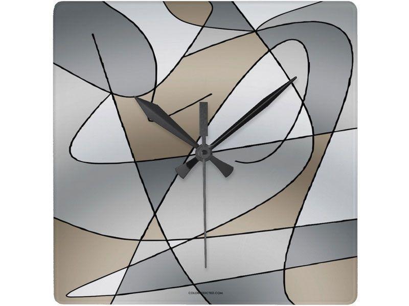 Wall Clocks-ABSTRACT CURVES #2 Square Wall Clocks-Grays &amp; Beiges-from COLORADDICTED.COM-