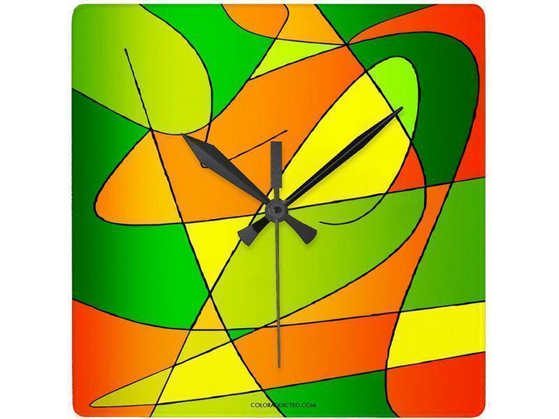 Wall Clocks-ABSTRACT CURVES #2 Square Wall Clocks-Greens, Oranges &amp; Yellows-from COLORADDICTED.COM-