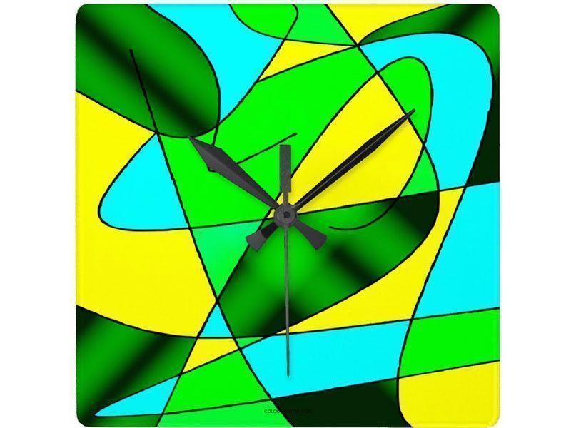 Wall Clocks-ABSTRACT CURVES #2 Square Wall Clocks-Greens, Yellows &amp; Light Blues-from COLORADDICTED.COM-