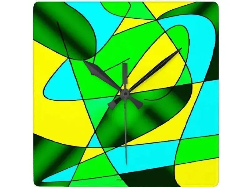 Wall Clocks-ABSTRACT CURVES #2 Square Wall Clocks-Greens, Yellows & Light Blues-from COLORADDICTED.COM-