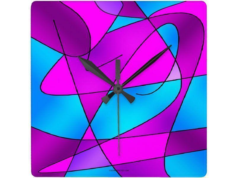 Wall Clocks-ABSTRACT CURVES #2 Square Wall Clocks-Purples, Violets, Fuchsias &amp; Turquoises-from COLORADDICTED.COM-