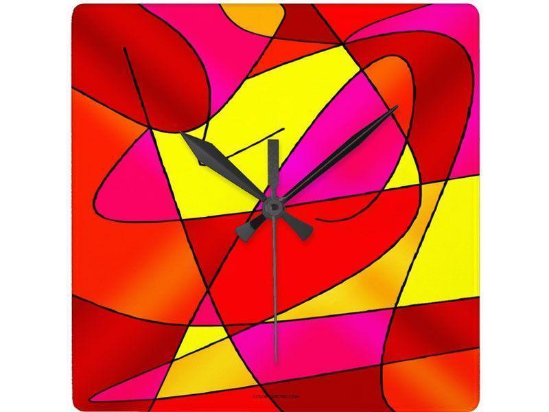 Wall Clocks-ABSTRACT CURVES #2 Square Wall Clocks-Reds, Oranges, Yellows &amp; Fuchsias-from COLORADDICTED.COM-