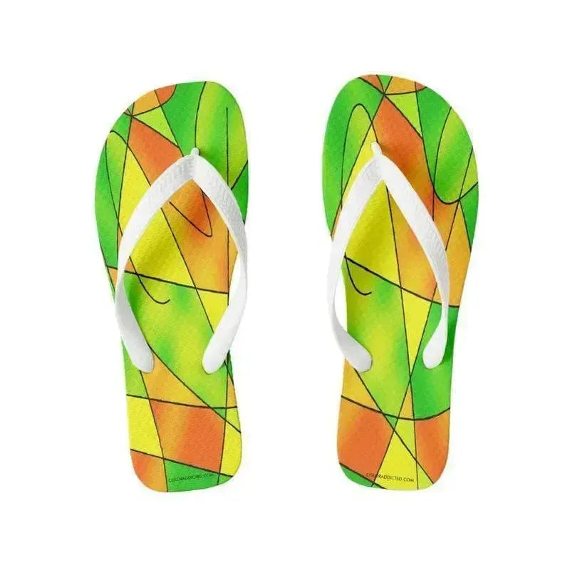 Flip Flops-ABSTRACT CURVES #2 Wide-Strap Flip Flops-Greens & Oranges & Yellows-from COLORADDICTED.COM-